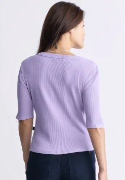 Tabbey Women's Elbow-Length Sleeve Ribbed Top, Purple - KT0152F