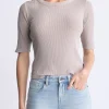Tabbey Women's Ribbed Half-Sleeve Top, Taupe - KT0172H
