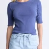 Tabbey Women's Ribbed Half-Sleeve Top, Blue - KT0172H