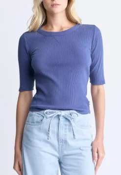 Tabbey Women's Ribbed Half-Sleeve Top, Blue - KT0172H