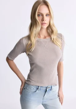 Tabbey Women's Ribbed Half-Sleeve Top, Taupe - KT0172H