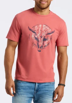 Tarz Men's Graphic T-Shirt with Bull Skull Motif, Miniral Red - BM24649