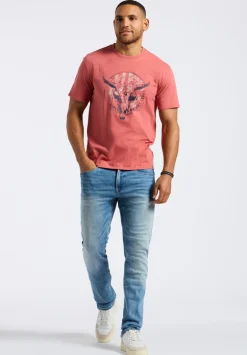 Tarz Men's Graphic T-Shirt with Bull Skull Motif, Miniral Red - BM24649