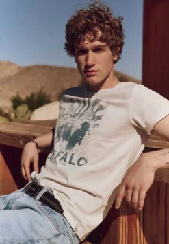 Tison Men's Graphic T-Shirt with Buffalo Print, Milk - BM24645