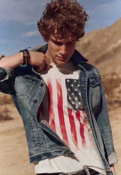 Tusaf Men's Graphic T-Shirt with American Flag Print, Milk - BM24648