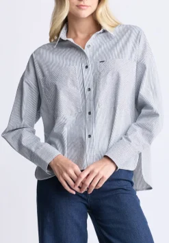 Twyla Women's Boxy Striped Button-Up Shirt, Whale & White - WT0084H