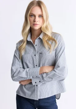 Twyla Women's Boxy Striped Button-Up Shirt, Whale & White - WT0084H