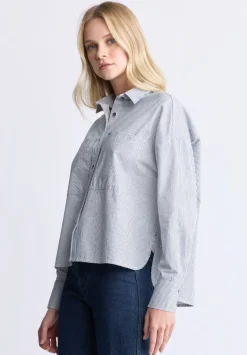Twyla Women's Boxy Striped Button-Up Shirt, Whale & White - WT0084H