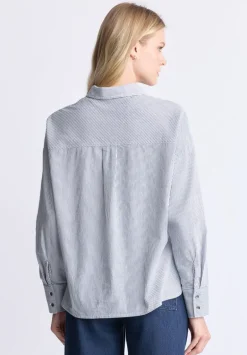 Twyla Women's Boxy Striped Button-Up Shirt, Whale & White - WT0084H