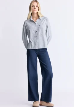 Twyla Women's Boxy Striped Button-Up Shirt, Whale & White - WT0084H