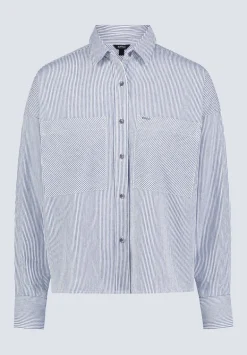 Twyla Women's Boxy Striped Button-Up Shirt, Whale & White - WT0084H