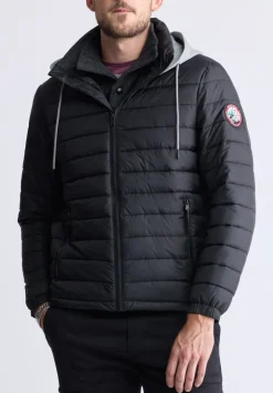 Vince Men’s Quilted Puffer Zip-Up Jacket with Contrasting Hoodie, Black - OBMFE003