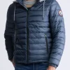 Vince Men’s Quilted Puffer Zip-Up Jacket with Contrasting Hoodie, Navy - OBMFE003