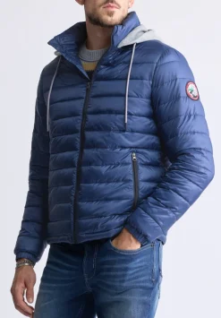 Vince Men’s Quilted Puffer Zip-Up Jacket with Contrasting Hoodie, Blue - OBMFE003