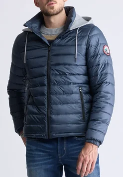 Vince Men’s Quilted Puffer Zip-Up Jacket with Contrasting Hoodie, Navy - OBMFE003