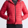 Vince Men’s Quilted Puffer Zip-Up Jacket with Contrasting Hoodie, Red - OBMFE003