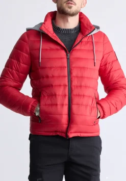 Vince Men’s Quilted Puffer Zip-Up Jacket with Contrasting Hoodie, Red - OBMFE003