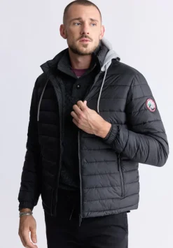 Vince Men’s Quilted Puffer Zip-Up Jacket with Contrasting Hoodie, Black - OBMFE003