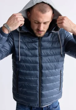 Vince Men’s Quilted Puffer Zip-Up Jacket with Contrasting Hoodie, Navy - OBMFE003