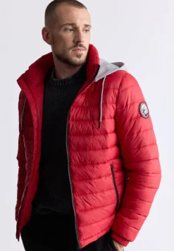 Vince Men’s Quilted Puffer Zip-Up Jacket with Contrasting Hoodie, Red - OBMFE003