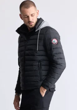 Vince Men’s Quilted Puffer Zip-Up Jacket with Contrasting Hoodie, Black - OBMFE003