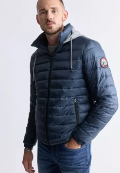 Vince Men’s Quilted Puffer Zip-Up Jacket with Contrasting Hoodie, Navy - OBMFE003