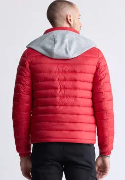 Vince Men’s Quilted Puffer Zip-Up Jacket with Contrasting Hoodie, Red - OBMFE003