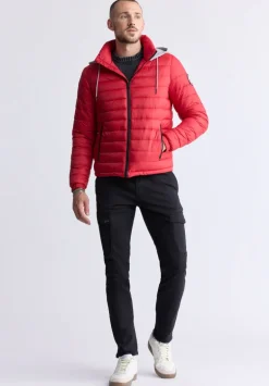 Vince Men’s Quilted Puffer Zip-Up Jacket with Contrasting Hoodie, Red - OBMFE003