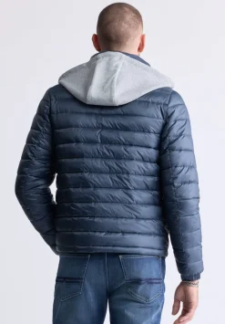 Vince Men’s Quilted Puffer Zip-Up Jacket with Contrasting Hoodie, Navy - OBMFE003