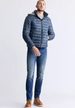 Vince Men’s Quilted Puffer Zip-Up Jacket with Contrasting Hoodie, Navy - OBMFE003