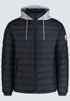 Vince Men’s Quilted Puffer Zip-Up Jacket with Contrasting Hoodie, Black - OBMFE003