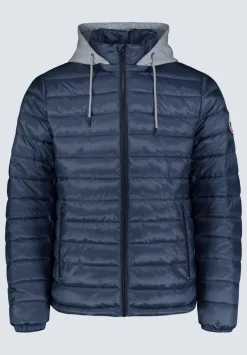 Vince Men’s Quilted Puffer Zip-Up Jacket with Contrasting Hoodie, Navy - OBMFE003