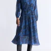 Virlen Women’s Long Sleeve Tie-neck Printed Midi Dress, Navy - WD0062F