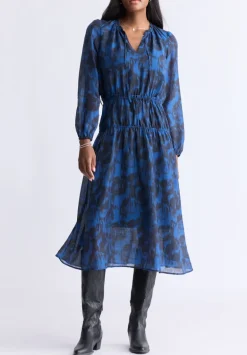 Virlen Women’s Long Sleeve Tie-neck Printed Midi Dress, Navy - WD0062F