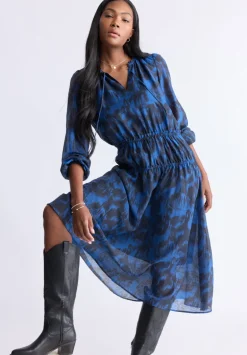 Virlen Women’s Long Sleeve Tie-neck Printed Midi Dress, Navy - WD0062F