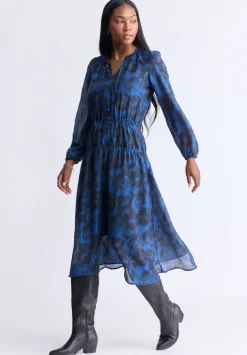 Virlen Women’s Long Sleeve Tie-neck Printed Midi Dress, Navy - WD0062F
