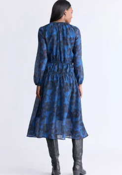 Virlen Women’s Long Sleeve Tie-neck Printed Midi Dress, Navy - WD0062F