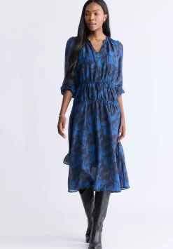 Virlen Women’s Long Sleeve Tie-neck Printed Midi Dress, Navy - WD0062F