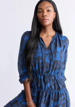 Virlen Women’s Long Sleeve Tie-neck Printed Midi Dress, Navy - WD0062F