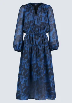 Virlen Women’s Long Sleeve Tie-neck Printed Midi Dress, Navy - WD0062F