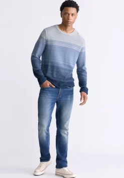 Waldy Men's Gradient Striped Knit Pullover, Mirage Blue - BM24419