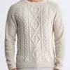 Wallaby Men’s Nep Yarn Cable Knit Crewneck Sweater, Cream - BM24417