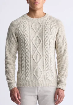 Wallaby Men’s Nep Yarn Cable Knit Crewneck Sweater, Cream - BM24417