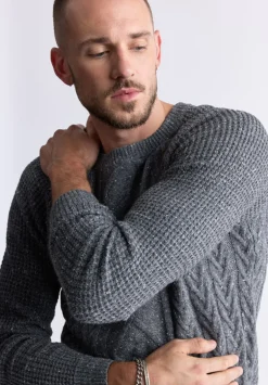 Wallaby Men’s Nep Yarn Cable Knit Crewneck Sweater, Grey - BM24417