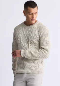 Wallaby Men’s Nep Yarn Cable Knit Crewneck Sweater, Cream - BM24417