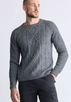 Wallaby Men’s Nep Yarn Cable Knit Crewneck Sweater, Grey - BM24417