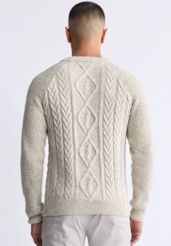 Wallaby Men’s Nep Yarn Cable Knit Crewneck Sweater, Cream - BM24417