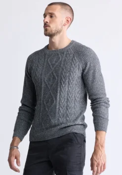 Wallaby Men’s Nep Yarn Cable Knit Crewneck Sweater, Grey - BM24417