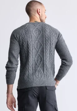 Wallaby Men’s Nep Yarn Cable Knit Crewneck Sweater, Grey - BM24417