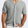 Wasko Men's Cable-Knit Short-Sleeve Button-Up Polo, Heather Grey - BM24540